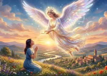 Settembre, mese dedicato agli Angeli: immagine celeste con angelo custode tra nuvole e luce dorata, simbolo di protezione e fede.