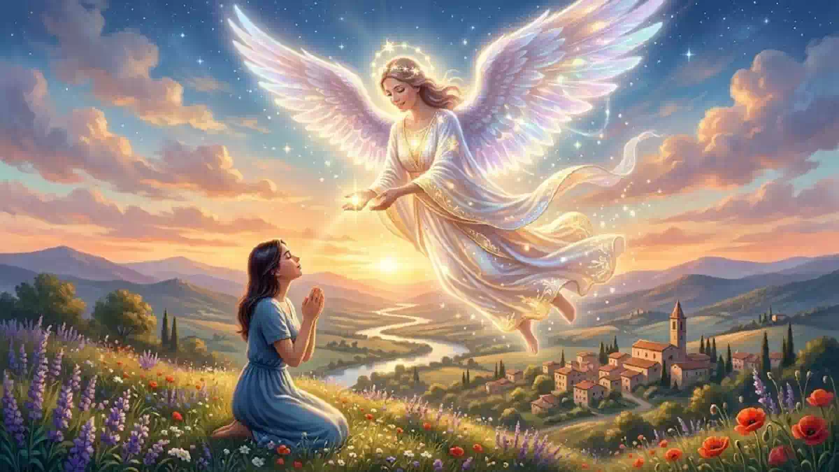 Settembre, mese dedicato agli Angeli: immagine celeste con angelo custode tra nuvole e luce dorata, simbolo di protezione e fede.
