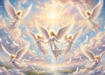 Illustrazione spirituale con sette angeli luminosi dalle grandi ali bianche sospesi tra nuvole soffuse e raggi di luce celestiale. Piume candide fluttuano nel cielo dai toni azzurri e dorati, mentre una luce intensa al centro della scena crea un'atmosfera di pace