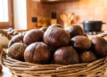 Cestino di vimini colmo di castagne fresche appoggiato su un tavolo in legno all'interno di una cucina rustica, con luce naturale proveniente dalla finestra e dettagli autunnali sullo sfondo