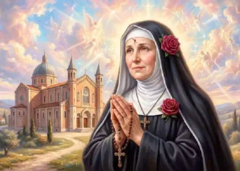 Santa Rita da Cascia in preghiera con rosario tra le mani davanti a una basilica, circondata da una luce celestiale tra le nuvole del Paradiso