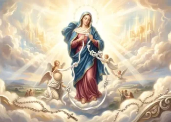Raffigurazione sacra della Vergine Maria avvolta da una luce celestiale tra le nuvole, mentre scioglie nodi da un lungo nastro bianco. Intorno a lei sono presenti angeli, raggi di luce dorata