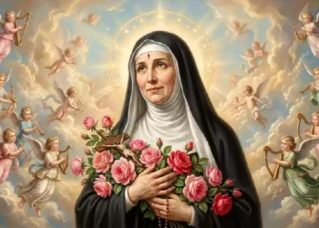 Illustrazione devozionale di Santa Rita da Cascia circondata da angeli tra le nuvole del Paradiso, con corona luminosa