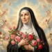 Illustrazione devozionale di Santa Rita da Cascia circondata da angeli tra le nuvole del Paradiso, con corona luminosa