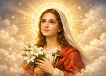 Santa Maria Goretti appare in visione celeste, simbolo di salvezza e fede profonda