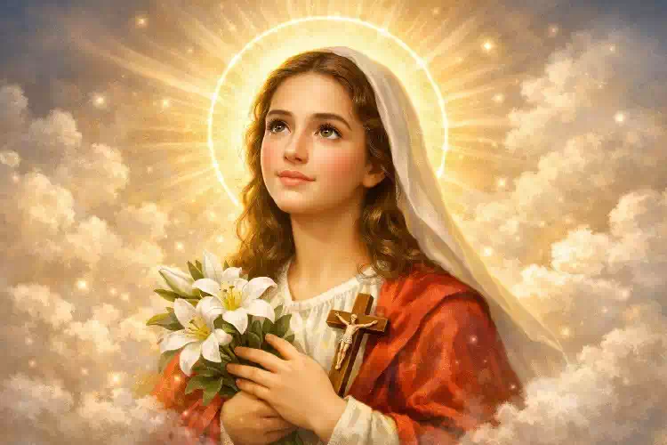 Santa Maria Goretti appare in visione celeste, simbolo di salvezza e fede profonda