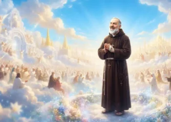 Raffigurazione celeste di Padre Pio immerso in un luminoso scenario paradisiaco tra nuvole, angeli e fedeli in preghiera.