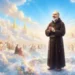 Raffigurazione celeste di Padre Pio immerso in un luminoso scenario paradisiaco tra nuvole, angeli e fedeli in preghiera.