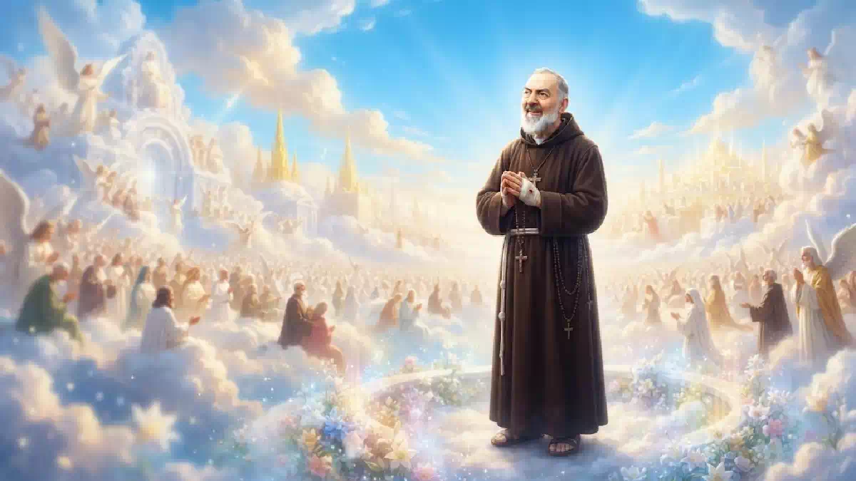 Raffigurazione celeste di Padre Pio immerso in un luminoso scenario paradisiaco tra nuvole, angeli e fedeli in preghiera.