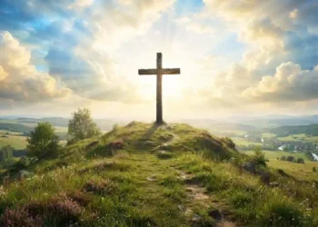Croce cristiana in legno posta sulla cima di una collina verde illuminata dai raggi del sole tra le nuvole, con sentiero panoramico, prati fioriti