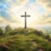 Croce cristiana in legno posta sulla cima di una collina verde illuminata dai raggi del sole tra le nuvole, con sentiero panoramico, prati fioriti