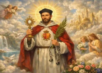 San Raimondo Nonnato ritratto in un paesaggio paradisiaco, con aureola dorata, abito bianco e mantello rosso, circondato da angeli e luce celeste.