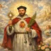 San Raimondo Nonnato ritratto in un paesaggio paradisiaco, con aureola dorata, abito bianco e mantello rosso, circondato da angeli e luce celeste.