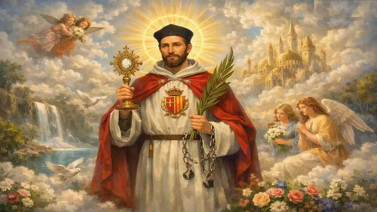 San Raimondo Nonnato ritratto in un paesaggio paradisiaco, con aureola dorata, abito bianco e mantello rosso, circondato da angeli e luce celeste.