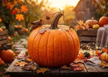 Grande zucca arancione su tavolo di legno con foglie autunnali, mele e piccole zucche in un ambiente rurale illuminato dalla luce calda del tramonto