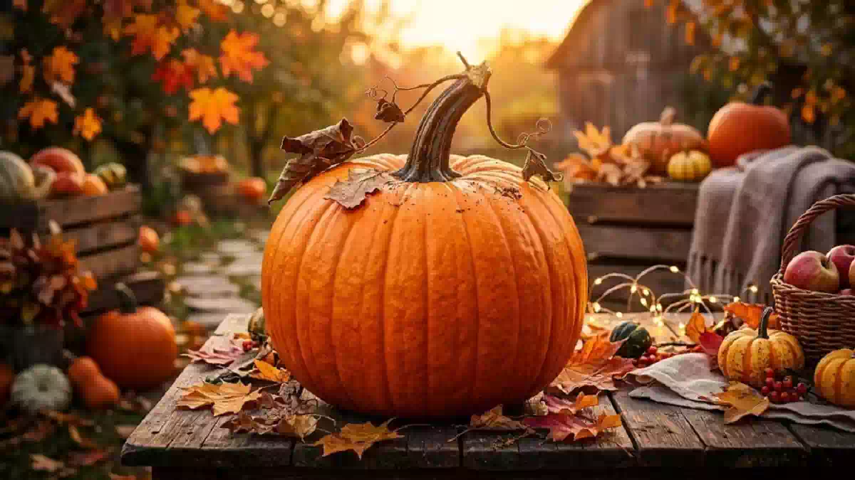 Grande zucca arancione su tavolo di legno con foglie autunnali, mele e piccole zucche in un ambiente rurale illuminato dalla luce calda del tramonto