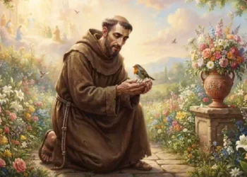 San Francesco d’Assisi inginocchiato in un rigoglioso giardino fiorito mentre tiene delicatamente un piccolo uccello tra le mani