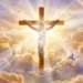 Raffigurazione spirituale di Gesù crocifisso avvolto da una intensa luce dorata che si irradia tra le nuvole del cielo
