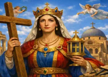 Sant’Elena Imperatrice con corona dorata e croce, sullo sfondo cielo azzurro con nuvole leggere e rovine romane, immagine religiosa