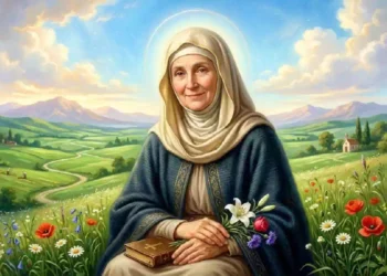 Illustrazione in stile pittorico di Sant’Anna a mezzo busto, raffigurata come un'anziana donna dallo sguardo dolce e sereno, con un'aureola luminosa attorno al capo e abiti tradizionali con velo
