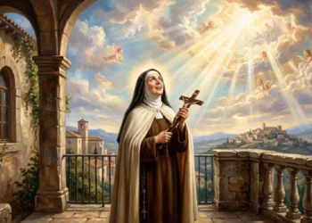 Santa Teresa d’Avila raffigurata in preghiera con un crocifisso tra le mani su una terrazza panoramica, illuminata da raggi di luce provenienti dal cielo