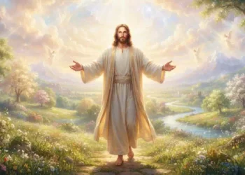 Gesù Cristo con le braccia aperte in un luminoso paesaggio celeste, circondato da prati fioriti, alberi in fiore, un fiume cristallino e raggi di luce tra le nuvole, simbolo di paradiso