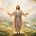 Gesù Cristo con le braccia aperte in un luminoso paesaggio celeste, circondato da prati fioriti, alberi in fiore, un fiume cristallino e raggi di luce tra le nuvole, simbolo di paradiso