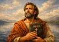 San Tommaso Apostolo, santo del giorno 3 luglio, con Bibbia davanti al lago, protettore di architetti e geometri