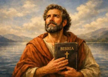 San Tommaso Apostolo, santo del giorno 3 luglio, con Bibbia davanti al lago, protettore di architetti e geometri