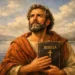 San Tommaso Apostolo, santo del giorno 3 luglio, con Bibbia davanti al lago, protettore di architetti e geometri