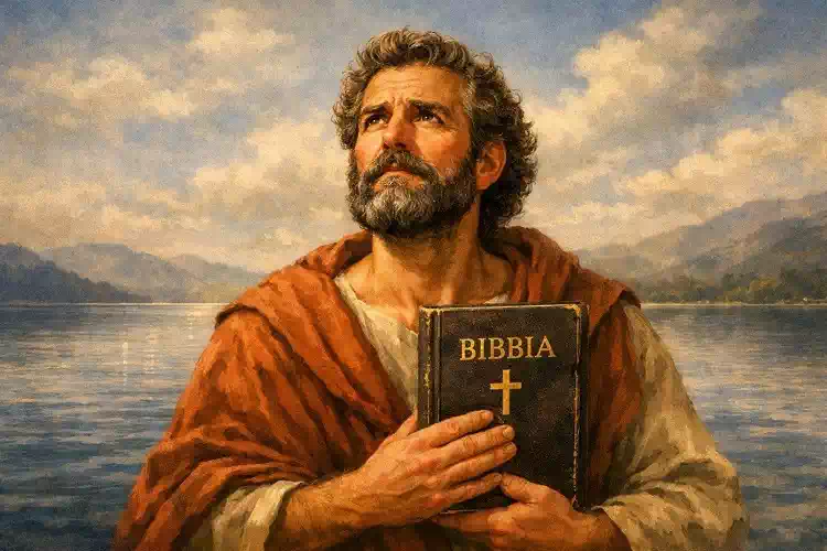 San Tommaso Apostolo, santo del giorno 3 luglio, con Bibbia davanti al lago, protettore di architetti e geometri