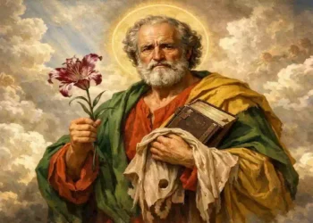 Dipinto classico a olio di San Bartolomeo Apostolo con un giglio e il Vangelo, circondato da nuvole e cherubini
