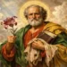 Dipinto classico a olio di San Bartolomeo Apostolo con un giglio e il Vangelo, circondato da nuvole e cherubini
