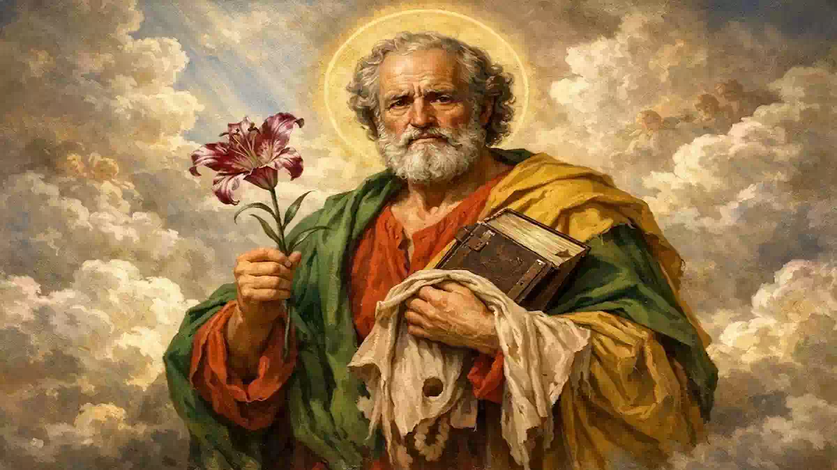 Dipinto classico a olio di San Bartolomeo Apostolo con un giglio e il Vangelo, circondato da nuvole e cherubini