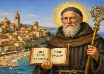 Sant’Elpidio Abate in primo piano con aureola e abiti monastici, sullo sfondo il mare e il borgo costiero illuminato dal sole