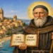 Sant’Elpidio Abate in primo piano con aureola e abiti monastici, sullo sfondo il mare e il borgo costiero illuminato dal sole