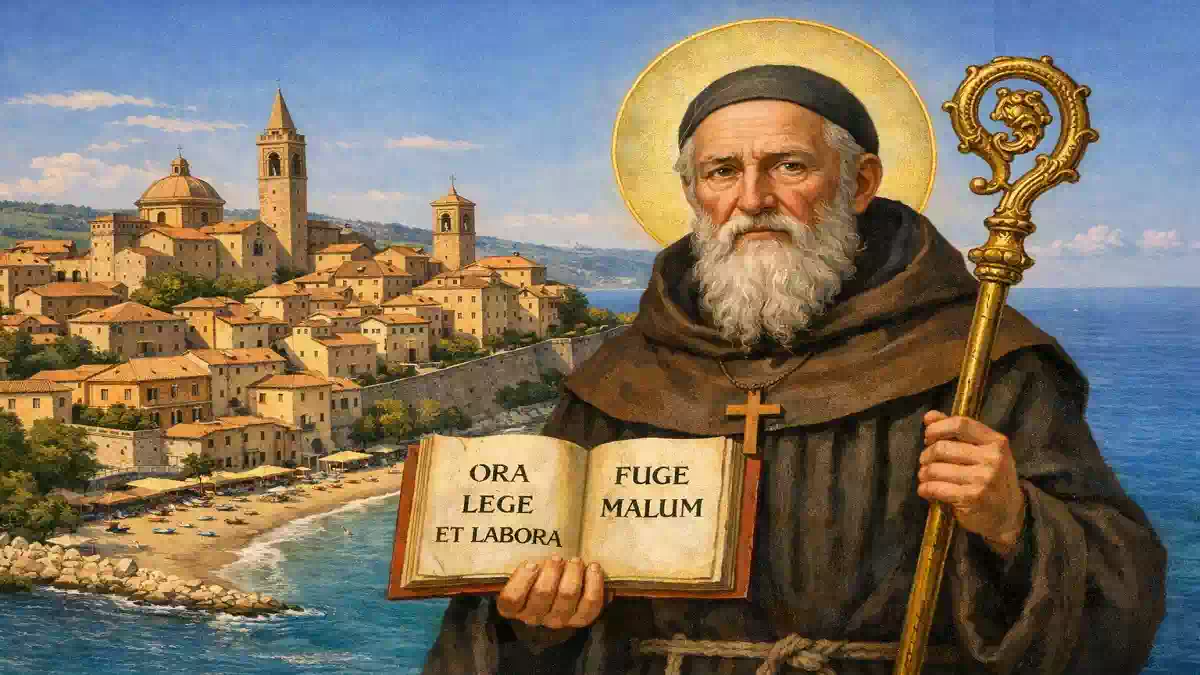 Sant’Elpidio Abate in primo piano con aureola e abiti monastici, sullo sfondo il mare e il borgo costiero illuminato dal sole