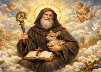 Sant’Egidio Abate ritratto in paradiso tra nuvole e angeli, con aureola dorata e cervo accanto, simbolo di purezza e fede.