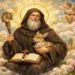 Sant’Egidio Abate ritratto in paradiso tra nuvole e angeli, con aureola dorata e cervo accanto, simbolo di purezza e fede.