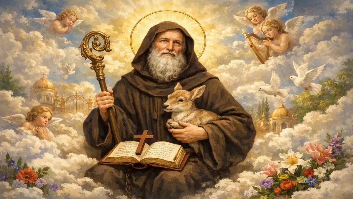 Sant’Egidio Abate ritratto in paradiso tra nuvole e angeli, con aureola dorata e cervo accanto, simbolo di purezza e fede.