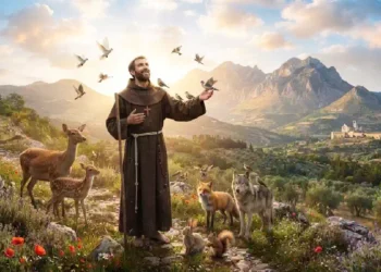 San Francesco d’Assisi circondato da animali selvatici e uccelli in un paesaggio montano illuminato dalla luce del tramonto