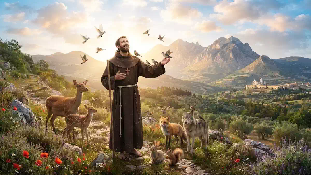 San Francesco d’Assisi circondato da animali selvatici e uccelli in un paesaggio montano illuminato dalla luce del tramonto