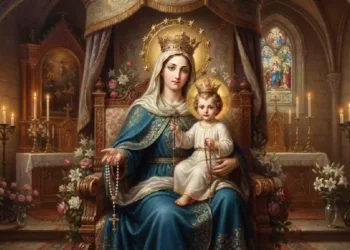 Beata Vergine Maria incoronata con il Bambino Gesù in braccio mentre tiene tra le mani il Santo Rosario, seduta su un trono all'interno di una chiesa illuminata da candele