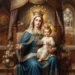 Beata Vergine Maria incoronata con il Bambino Gesù in braccio mentre tiene tra le mani il Santo Rosario, seduta su un trono all'interno di una chiesa illuminata da candele