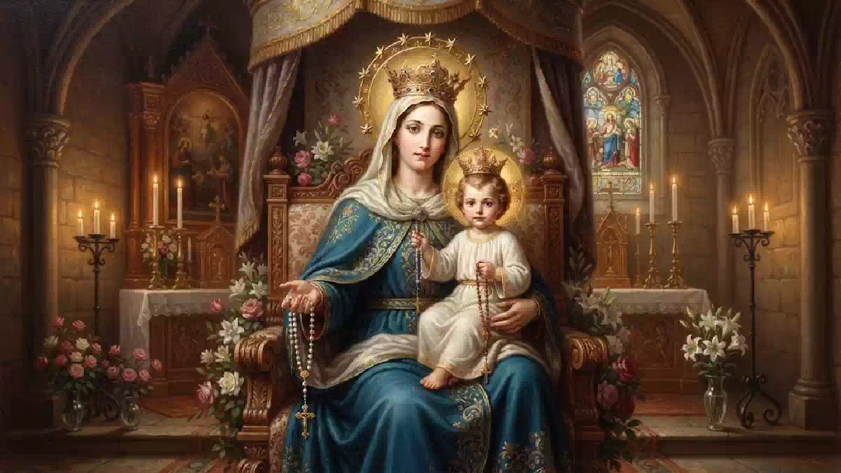 Beata Vergine Maria incoronata con il Bambino Gesù in braccio mentre tiene tra le mani il Santo Rosario, seduta su un trono all'interno di una chiesa illuminata da candele