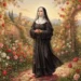 Santa Rita da Cascia in un meraviglioso giardino di rose in fiore, con abito religioso e crocifisso, circondata da archi fioriti e paesaggio spirituale, simbolo di fede, preghiera, speranza e amore divino.