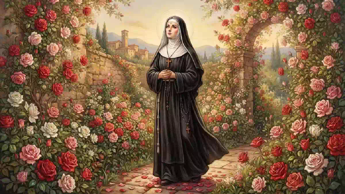 Santa Rita da Cascia in un meraviglioso giardino di rose in fiore, con abito religioso e crocifisso, circondata da archi fioriti e paesaggio spirituale, simbolo di fede, preghiera, speranza e amore divino.