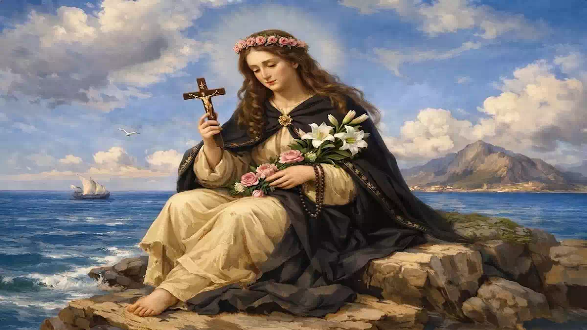 Santa Rosalia seduta sulle rocce davanti al mare, con corona di fiori, crocifisso in mano e bouquet di rose e gigli, barca sullo sfondo e cielo sereno.