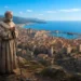 Primo piano di San Gerardo di Brogne in abito monacale con saio e bastone, che osserva il paesaggio dall'alto di un colle. Sfondo panoramico con una città antica fortificata
