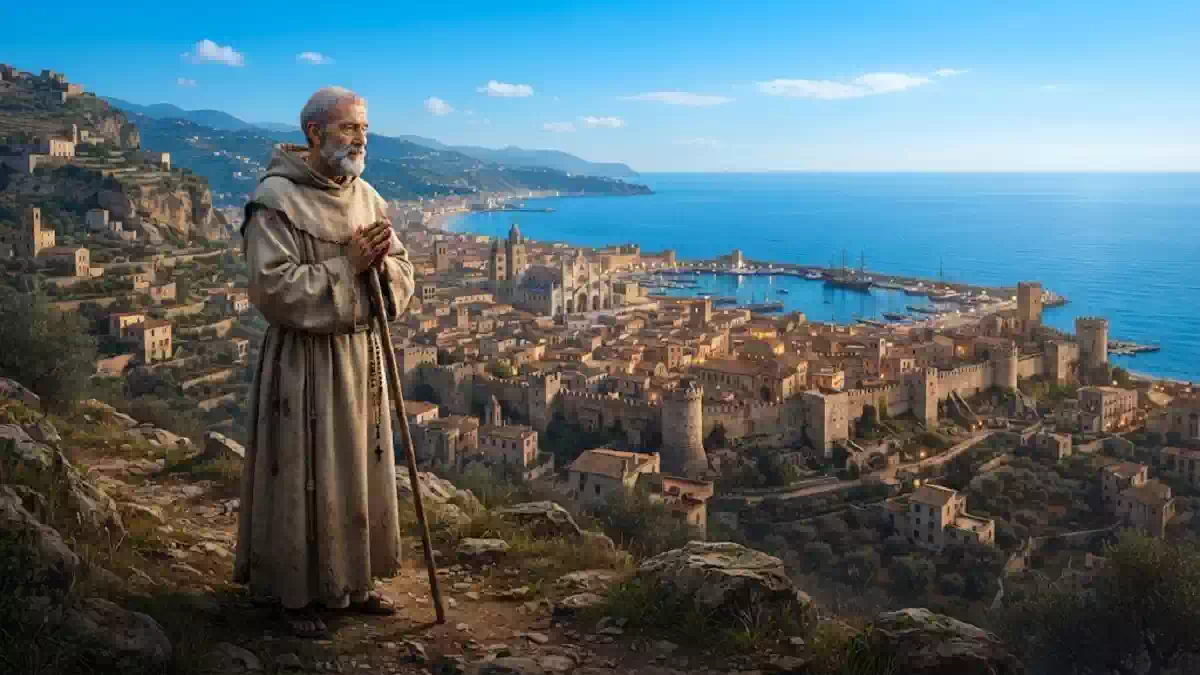 Primo piano di San Gerardo di Brogne in abito monacale con saio e bastone, che osserva il paesaggio dall'alto di un colle. Sfondo panoramico con una città antica fortificata